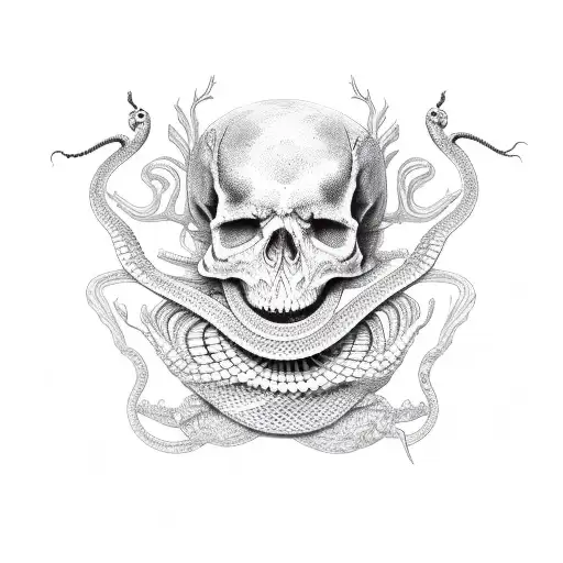 Black Sbake With A Snake Skeleton