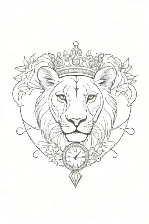 Tattoo Of A Lioness With A Princess Crown Next To An Hourglass