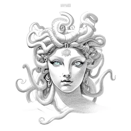 Goddess Medusa Posing In Profile With Watercolor Effects And Versace Background