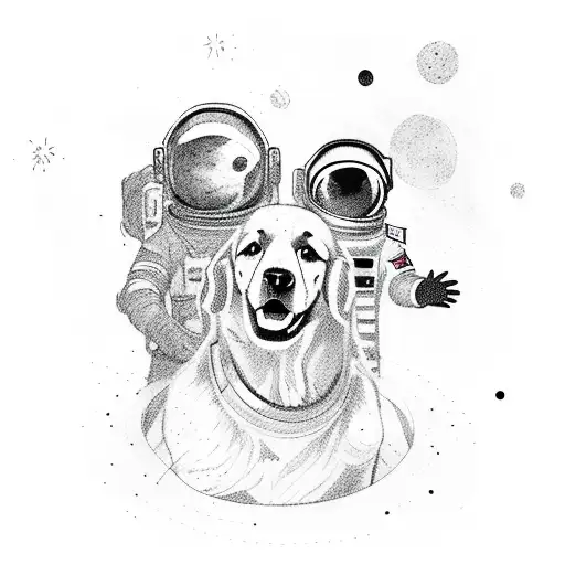 An Astronaut Floating In Space With A Flat Coat Retriever And A Pyrenees Dog Beside Them