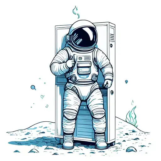 Astronaut On Moon Looking Through A File Cabinet With Fire On His Helmet And Under His Feet