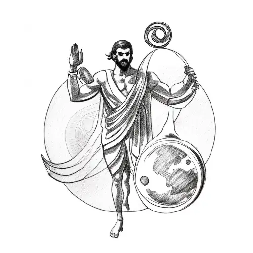 A Sketch-style Tattoo Of A Business Suit Wearing Greek God Holding A Planet In One Hand