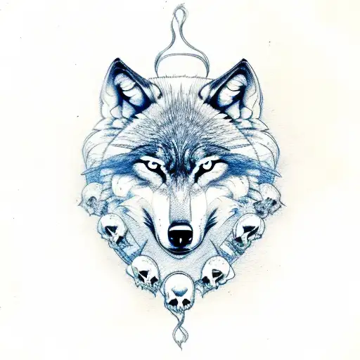 Wolf With Blue Eyes And Viking Symbol And Skull Knife Between Them On Foramrs