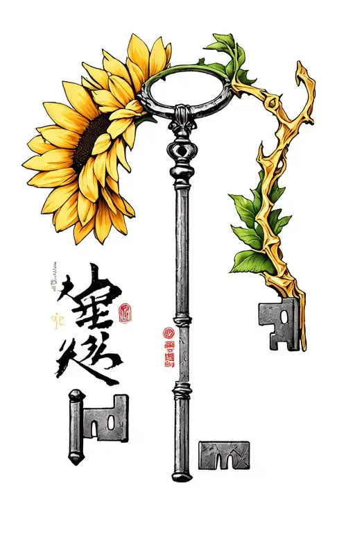 Monica Name In Chinese Letter With Kintsugi Features Next To An Old Key And A Sunflower
