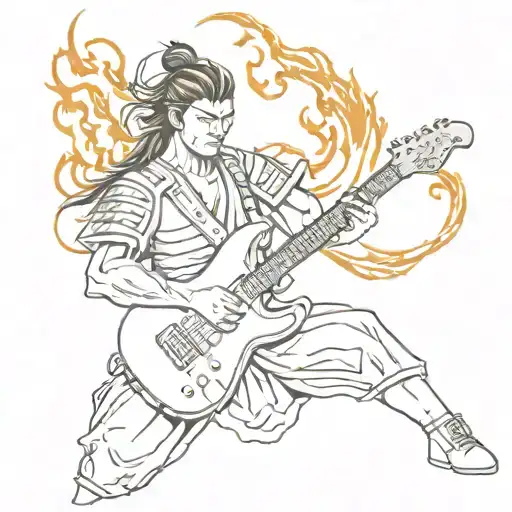 A Sketch Style Tattoo Of A Samurai Warrior Playing A Guitar With Flames In The Background
