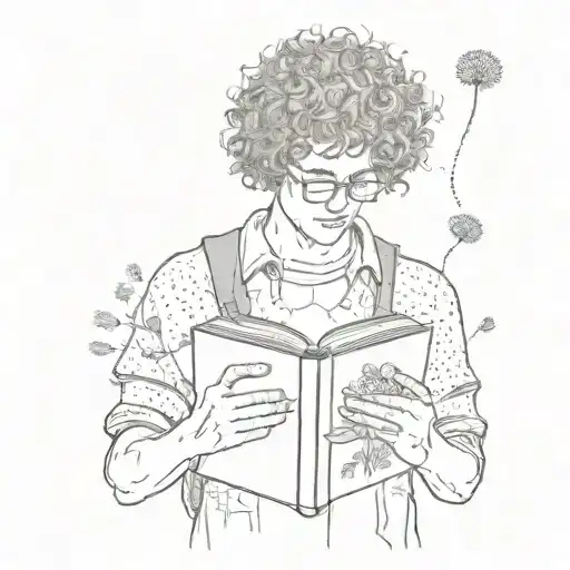 A Dotwork Tattoo Of A High Schooler Holding A Sketchbook Filled With Yellow Dandelion Drawings