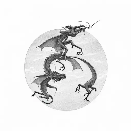 Lines Of Two Friends Walking With A Siluet Of A Dragon Flying Above Them