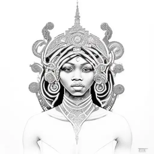 A Powerful Goddess Figure With Intricate Patterns And Symbols Representing Black Girl Empowerment