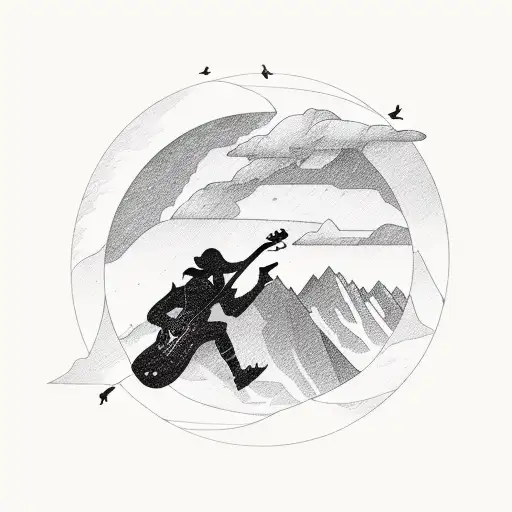 A Silhouette Of A Traveler Playing A Guitar On Top Of A Mountain Peak At Sunset