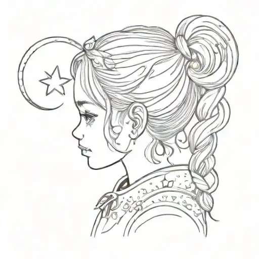 Silhoutte Little Girl With Pigtails Crescent Moon And Stars