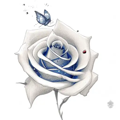A Rose With Two Petals Falling And A Blue Butterfly Flying To The Rose
