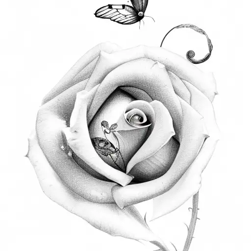 A Rose With Two Petals Falling And A Butterfly Flying To The Rose