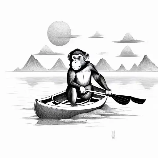 Sad Monkey Paddling Rowboat While Sitting From Side Perspective