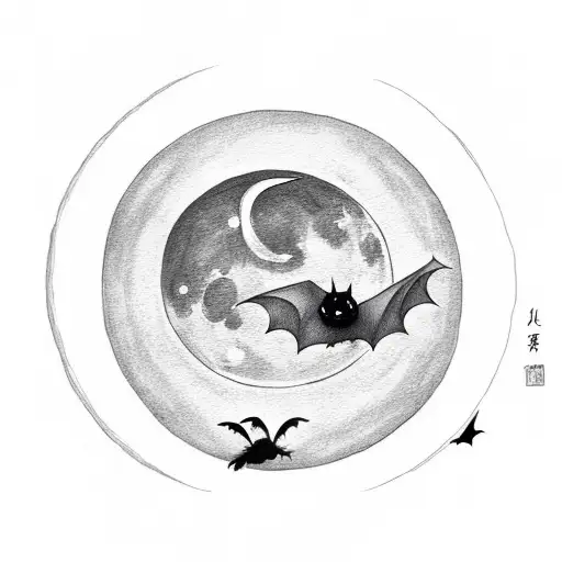 Dreamy Moon Above A Adorable Black Bat That's Sat On A Orange Pumpkin