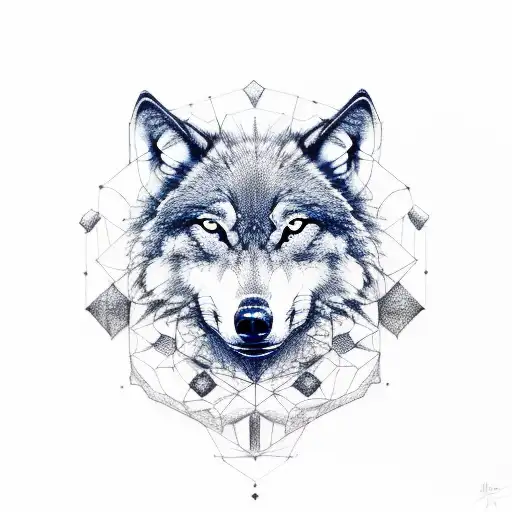 A Realistic Portrait Of A Wolf Surrounded By A Border Made Of Six Interconnected Aries Symbols