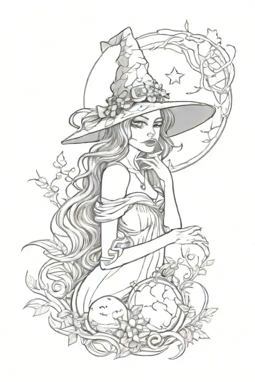 Pretty Modern Witch With Castle Hat Wrapped In Vines With Full Moon Around Her