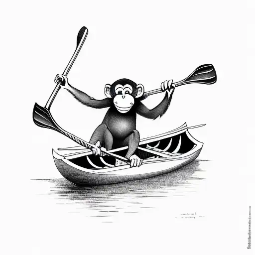 Monkey Paddling Rowboat While Sitting From Side Perspective