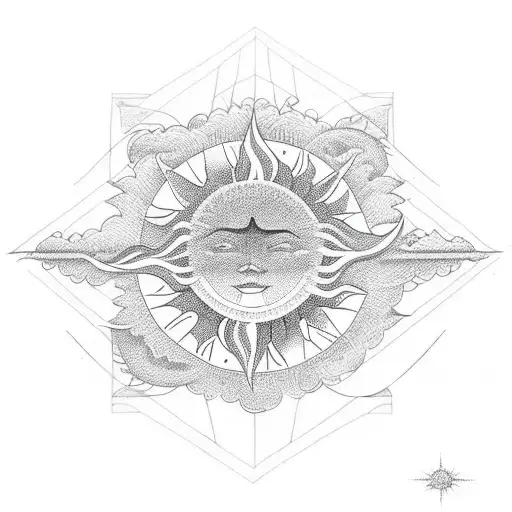 Geometric Sun Tattoo With Mountains With Water That Surrounds With Big Rhombus Shape