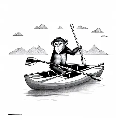 Sad Monkey Paddling Rowboat While Sitting From Side Perspective