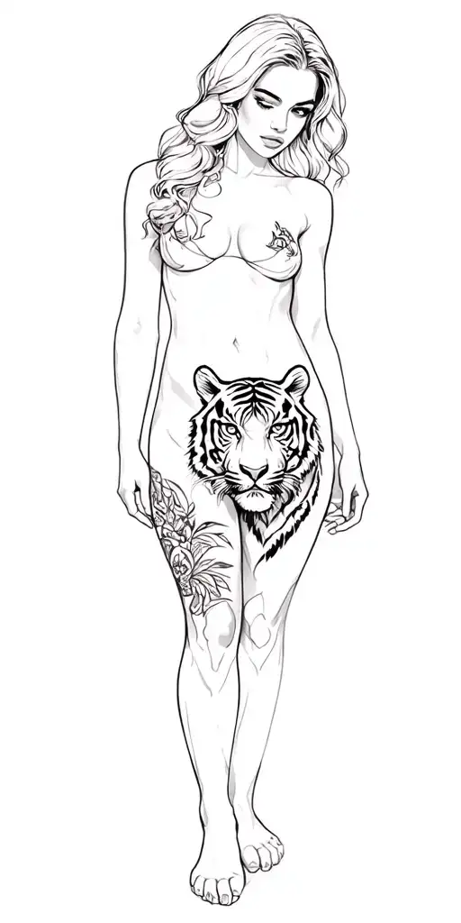 A Woman With A Tiger Tattoo On Her Thigh
