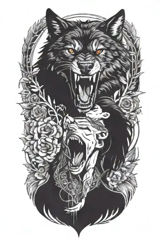 Black Wolf Growling With Woman Standing