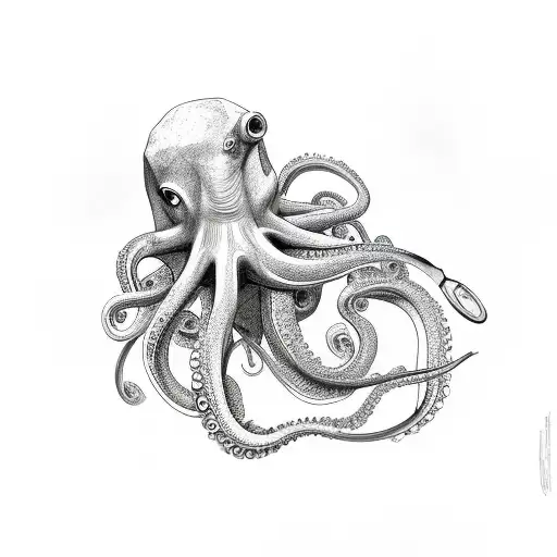 Diver In A Old Diving Suit With A Giant Menacing Octopus Behind Him