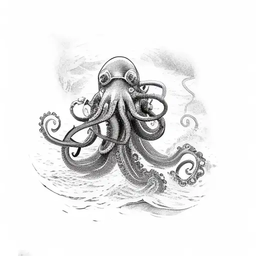 Diver In A Old Diving Suit In Front With A Giant Menacing Octopus Behind