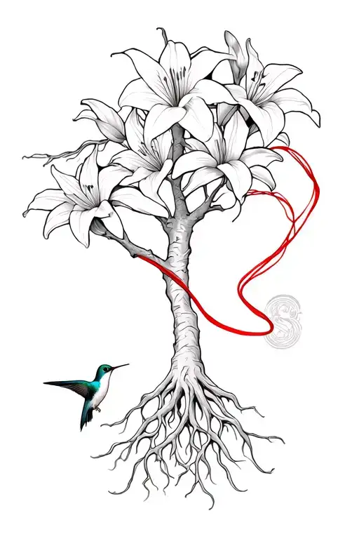 Roots Of A Tree Of Life With 2 Lilies And A Hummingbird And A Japanese Red Thread That Connects Them