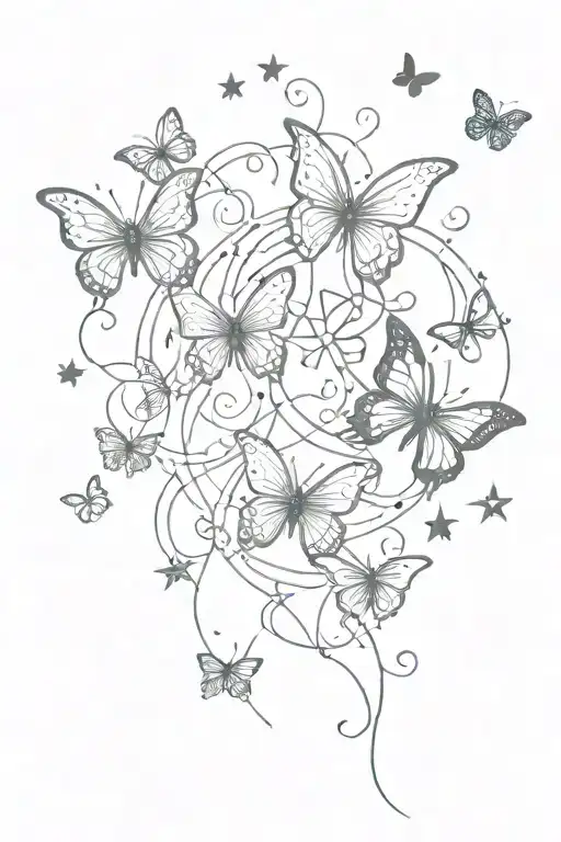 Chinese Hand Writing Intertwined With Stars And Butterflies