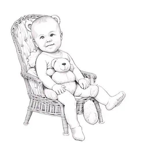 A Baby Sitting In A Wicker Chair With A Teddy Bear