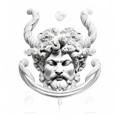 Black & White Tattoo Drawing Of The Greek God Dionysos In The Style Of Michelangelo
