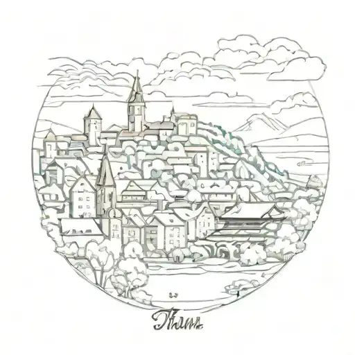 A Sketch Of The City Thun Skyline With A Football Stadium In The Background
