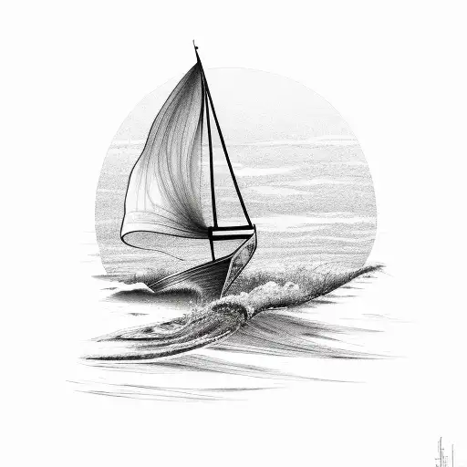 A Minimalist Sketch Of A Sailboat With A Playful Dog Jumping Over The Waves