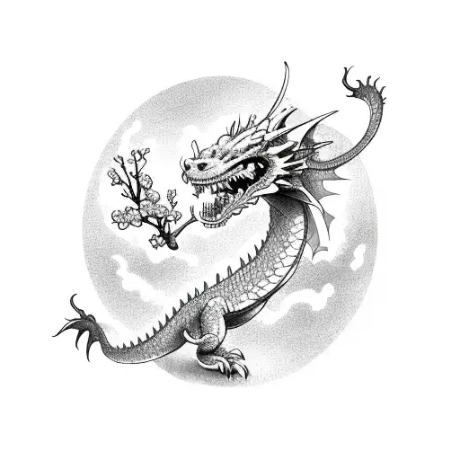 A Dragon Intertwined With A Blooming Cherry Blossom Tree