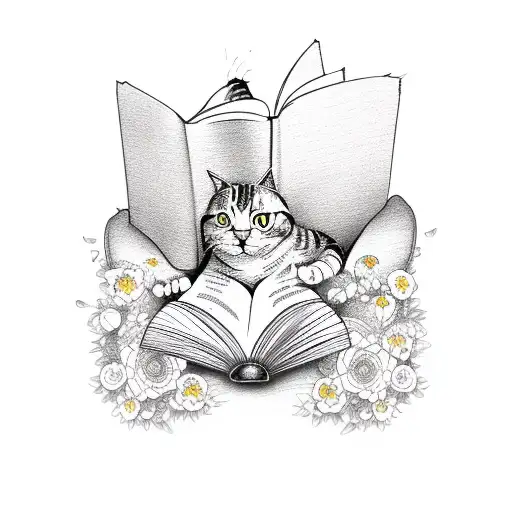 A Whimsical Design Of A Cat Reading A Book Surrounded By Blooming Flowers