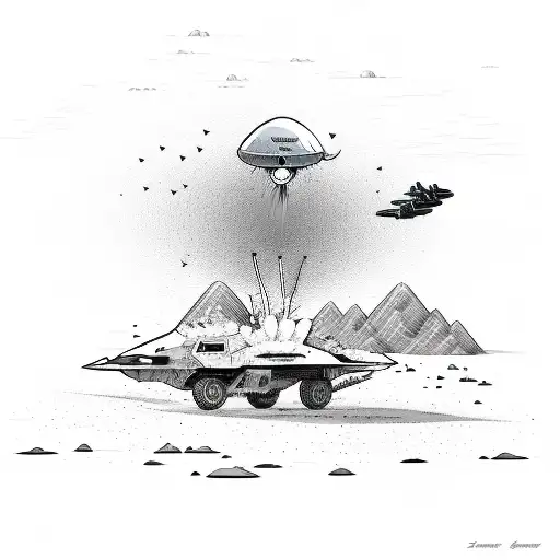 A Comic Style Illustration Of A Military Bomb Drone Crashing On A Desert With An Emu On A Surboard