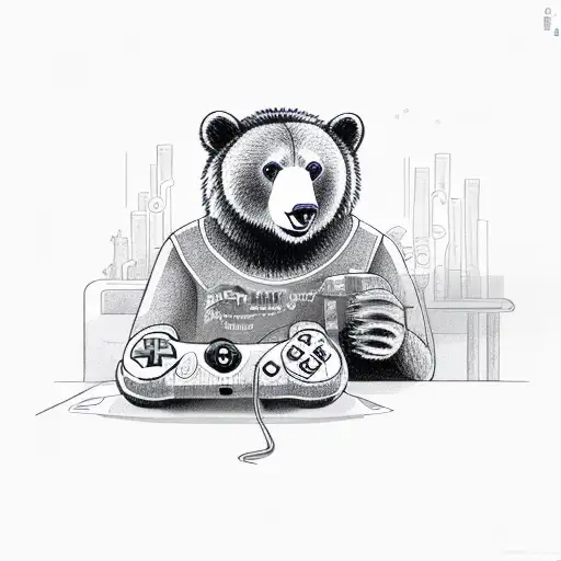 A Bear Playing A Video Game Controller While Drinking A Beer