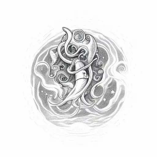 A Surreal Scene Of The Protagonist From Earthbound Riding A Giant Squid Through A Psychedelic Galaxy