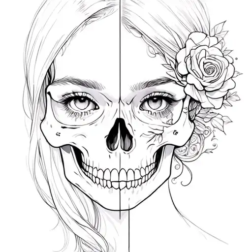 Girl With A Half Face In The Form Of A Skull