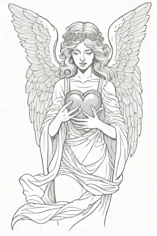 Female Angel With Wings Folded Down Holding A Human Heart In Her Open Hands
