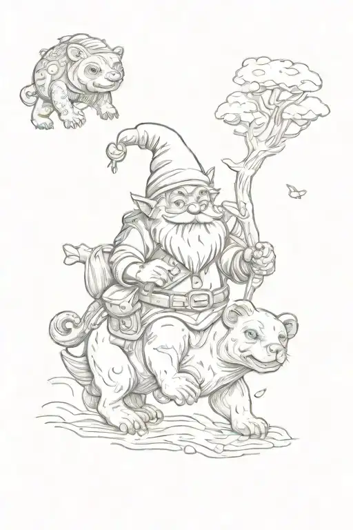 Gnome Riding A Bear Carrying A Frog