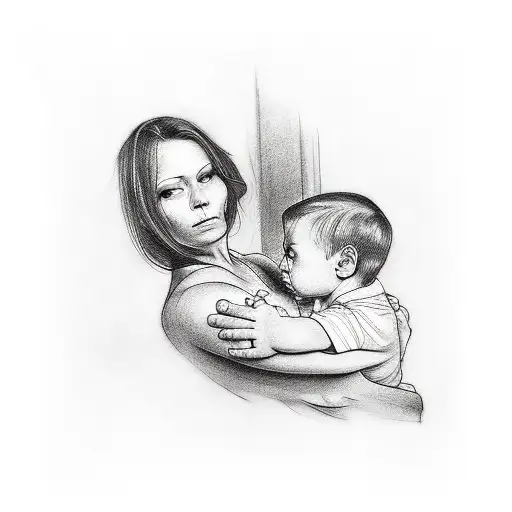 Tattoo On The Forearm Of A Mother With Her Son On Her Lap