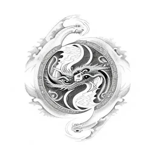 Yin And Yang Fire And Ice Dragon With Sagittarius Symbol