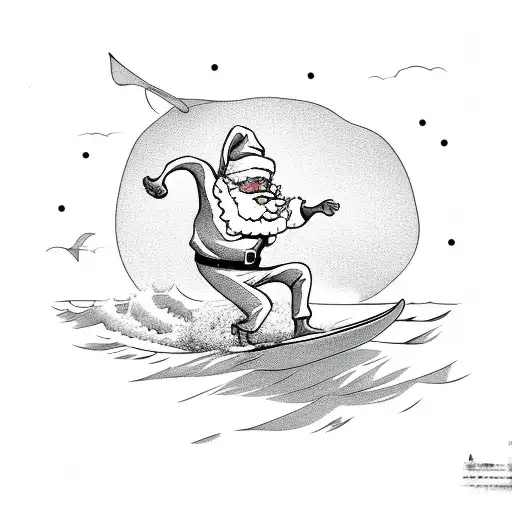 A Surfing Santa Riding A Woodie Car On The Beach