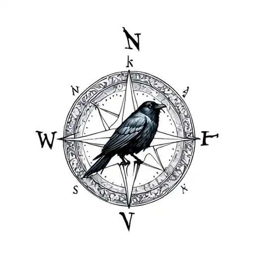 A Sketch Of A Raven Perched On A Nordic Compass Surrounded By A Forest