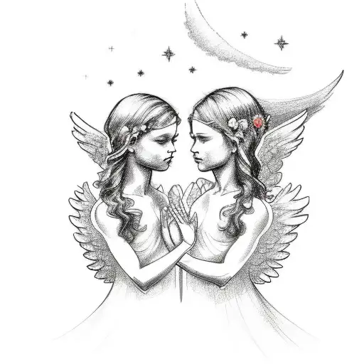 A Sketch Style Tattoo Of Two Angels Embracing Under A Vibrant Sunset Sky