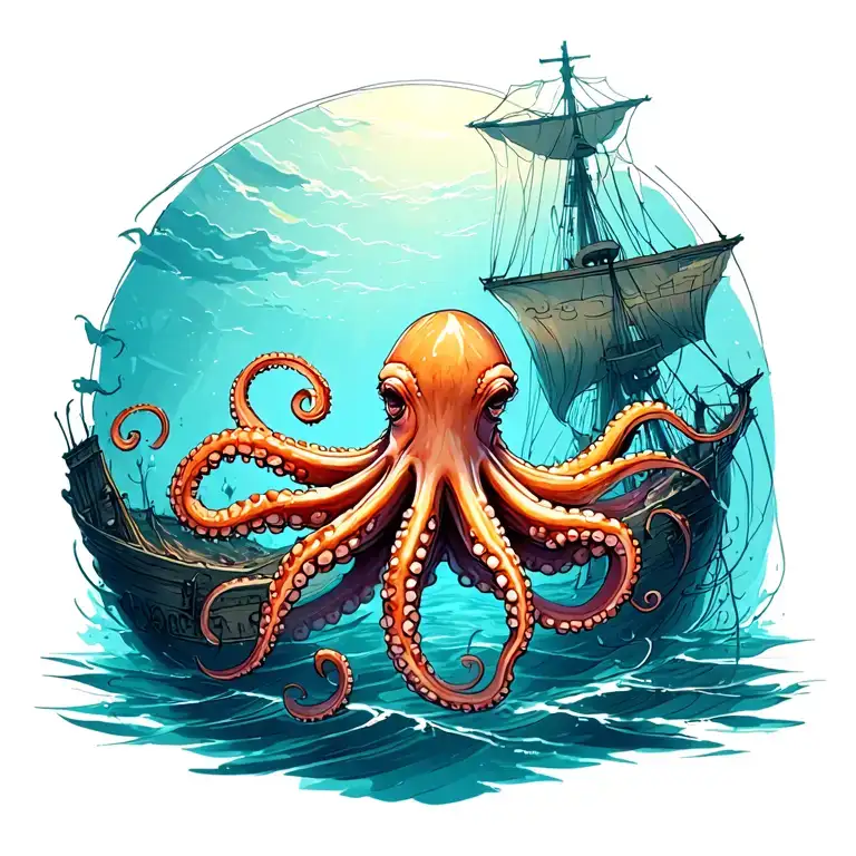 An Octopus In A Sunken Ship Under Water