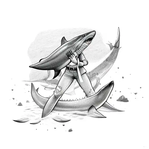 A Simplistic Draw With Pencil Od A Woman Riding A Shark Hunting With An Imaginary Gun