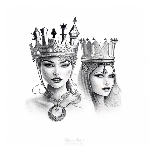 A Detailed Portrait Of A Chess Queen And Pawn In A Dotwork Style