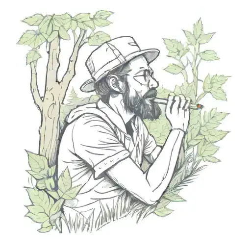 A Sketch Tattoo Of A Person Smoking A Joint While Listening To Music In A Lush Forest